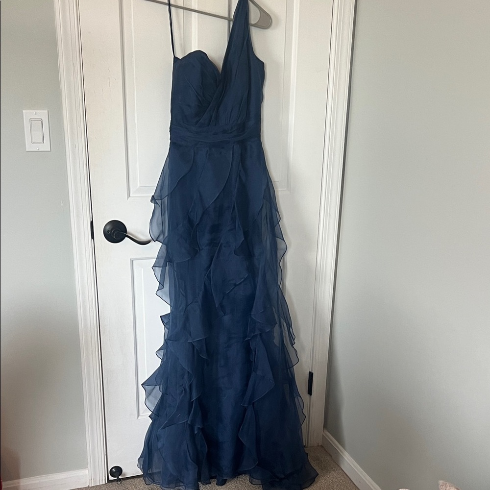 Badgley Mischka Elegant Navy Blue One-Shoulder Evening Gown